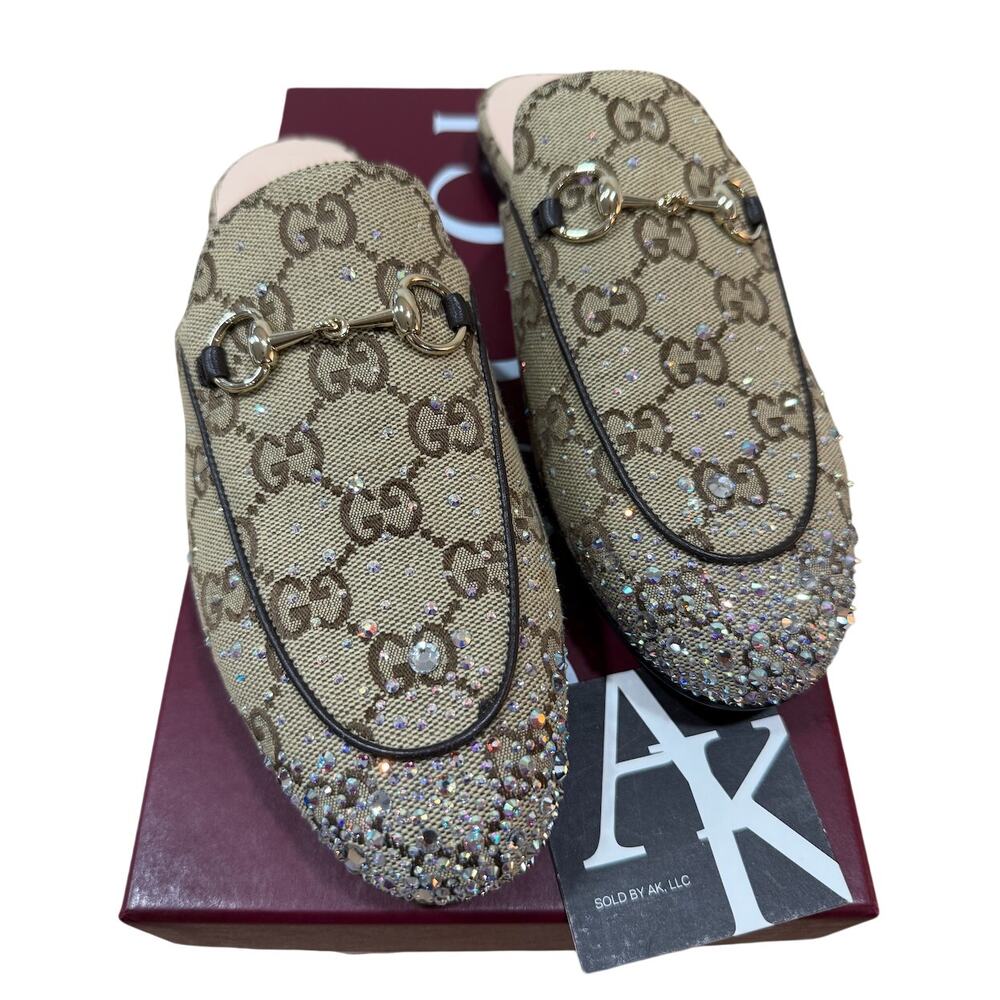 Gucci Princetown Crystal Embellished GG Canvas Mule Slippers EU 37 NEW NIB - Picture 2 of 5